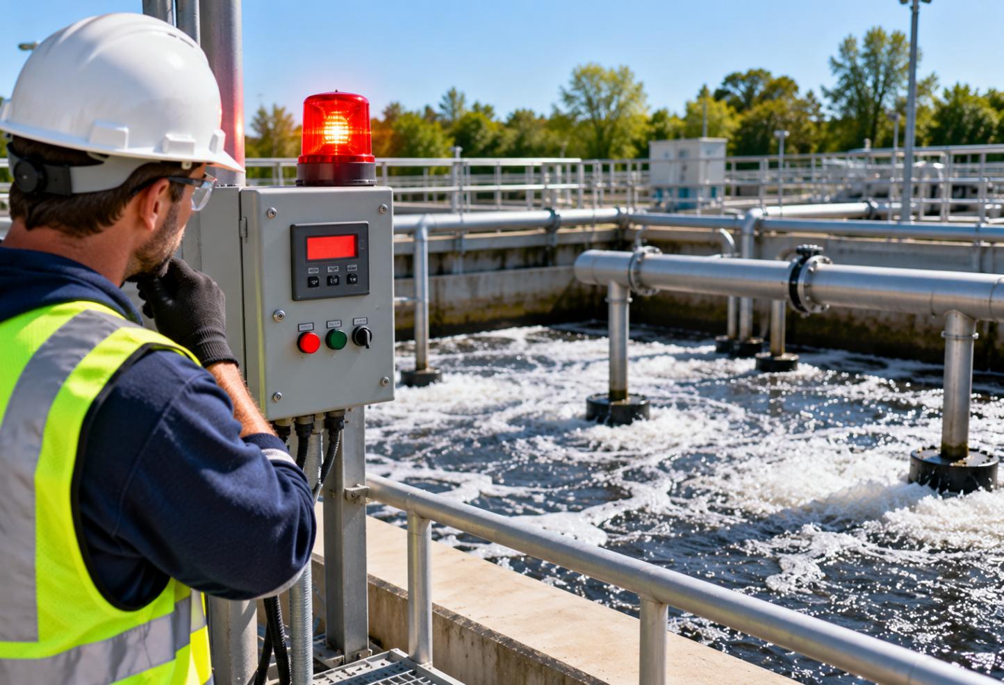 Wastewater treatment technician checking an aeration system control panel with a flashing red alarm light beside an active aeration tank to identify potential equipment issues.