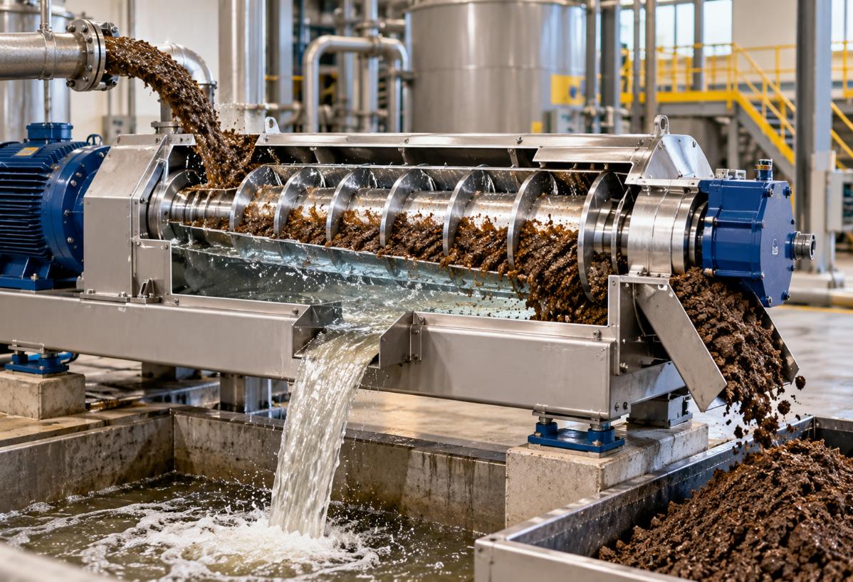 Industrial sludge dewatering centrifuge separating wastewater from solid sludge at a treatment facility, demonstrating the dewatering process used by Ohio industrial facilities.
