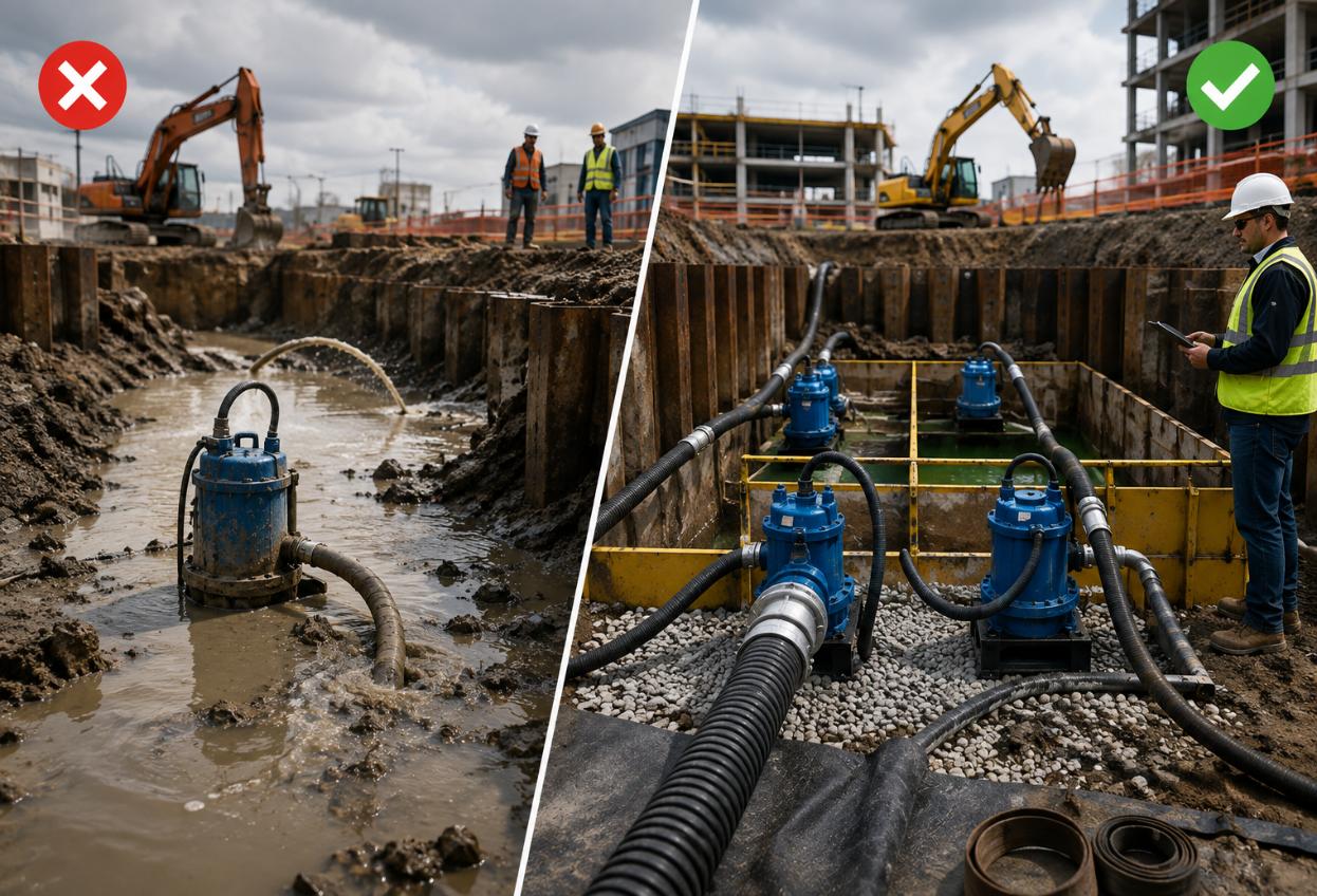 Construction site comparison showing a flooded excavation with poor dewatering on one side and an organized pump and drainage system on the other